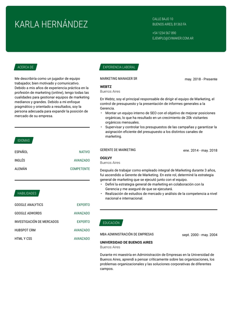 Ejemplo de CV - Gerente de marketing